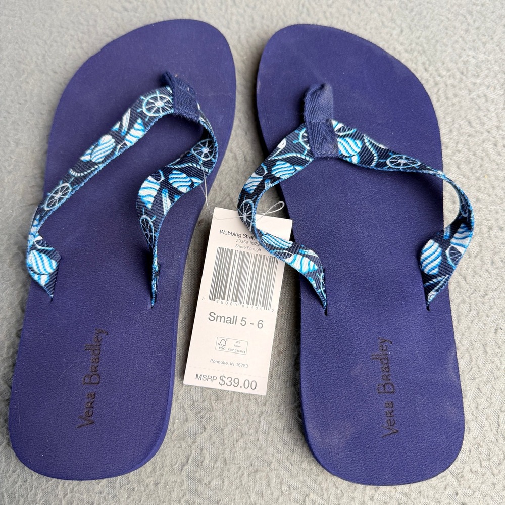 Vera Bradley Shore Enough Webbing Strap Flip Flops Navy Blue Small 5-6 NWT